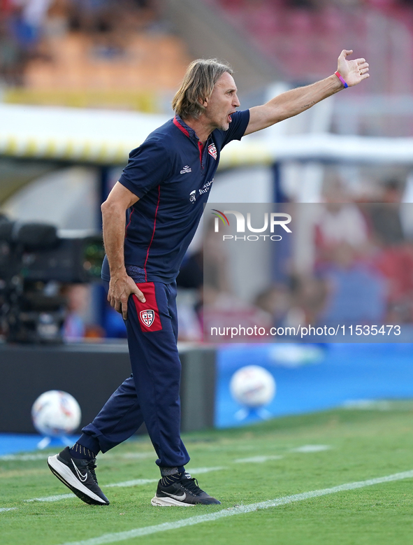 Coach Davide Nicola of Cagliari reacts during the Serie A match between Lecce and Cagliari in Lecce, Italy, on August 31, 2024. 