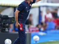 Coach Davide Nicola of Cagliari reacts during the Serie A match between Lecce and Cagliari in Lecce, Italy, on August 31, 2024. (