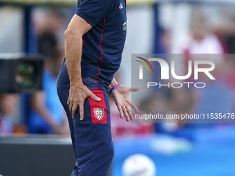 Coach Davide Nicola of Cagliari reacts during the Serie A match between Lecce and Cagliari in Lecce, Italy, on August 31, 2024. (