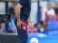 Coach Davide Nicola of Cagliari reacts during the Serie A match between Lecce and Cagliari in Lecce, Italy, on August 31, 2024. (