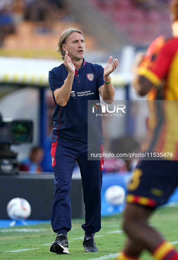 Coach Davide Nicola of Cagliari reacts during the Serie A match between Lecce and Cagliari in Lecce, Italy, on August 31, 2024. 