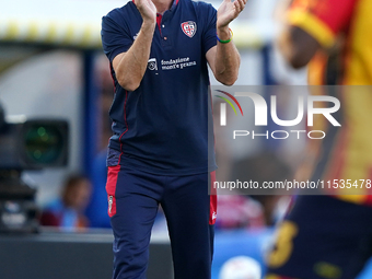 Coach Davide Nicola of Cagliari reacts during the Serie A match between Lecce and Cagliari in Lecce, Italy, on August 31, 2024. (