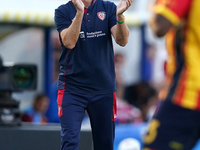 Coach Davide Nicola of Cagliari reacts during the Serie A match between Lecce and Cagliari in Lecce, Italy, on August 31, 2024. (