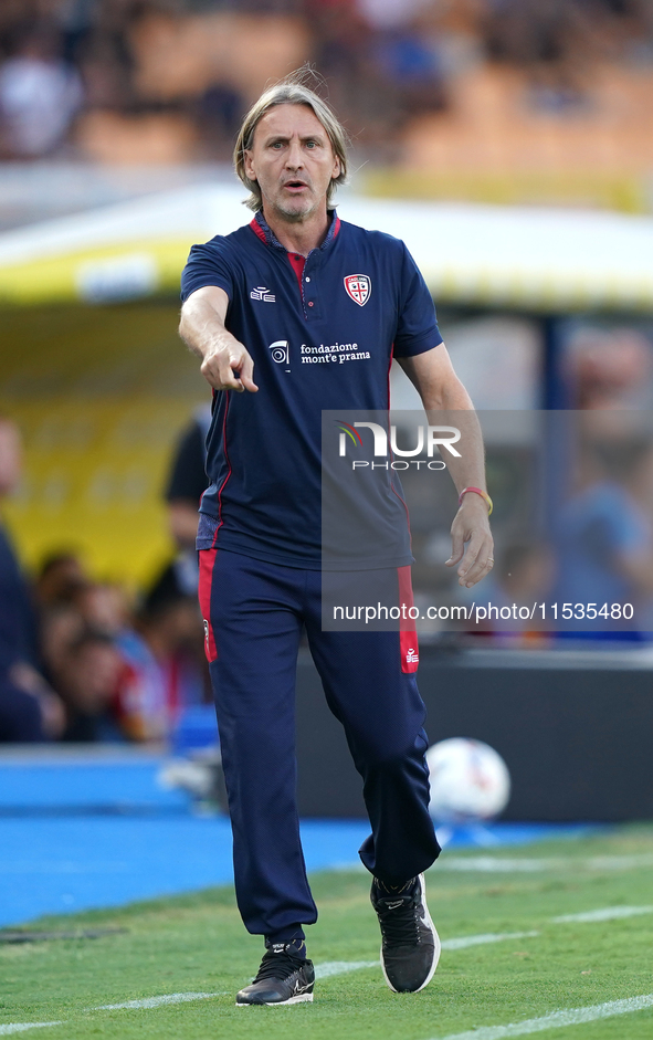 Coach Davide Nicola of Cagliari reacts during the Serie A match between Lecce and Cagliari in Lecce, Italy, on August 31, 2024. 