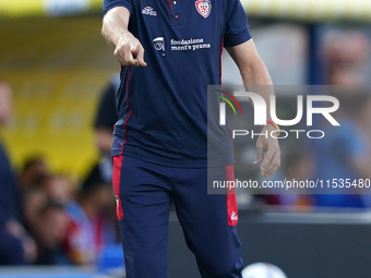 Coach Davide Nicola of Cagliari reacts during the Serie A match between Lecce and Cagliari in Lecce, Italy, on August 31, 2024. (