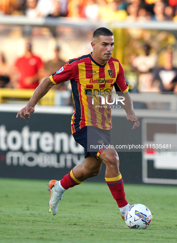 Nikola Krstovic of US Lecce is in action during the Serie A match between Lecce and Cagliari in Lecce, Italy, on August 31, 2024. 