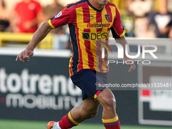 Nikola Krstovic of US Lecce is in action during the Serie A match between Lecce and Cagliari in Lecce, Italy, on August 31, 2024. (