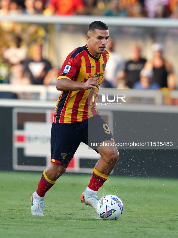 Nikola Krstovic of US Lecce is in action during the Serie A match between Lecce and Cagliari in Lecce, Italy, on August 31, 2024. 