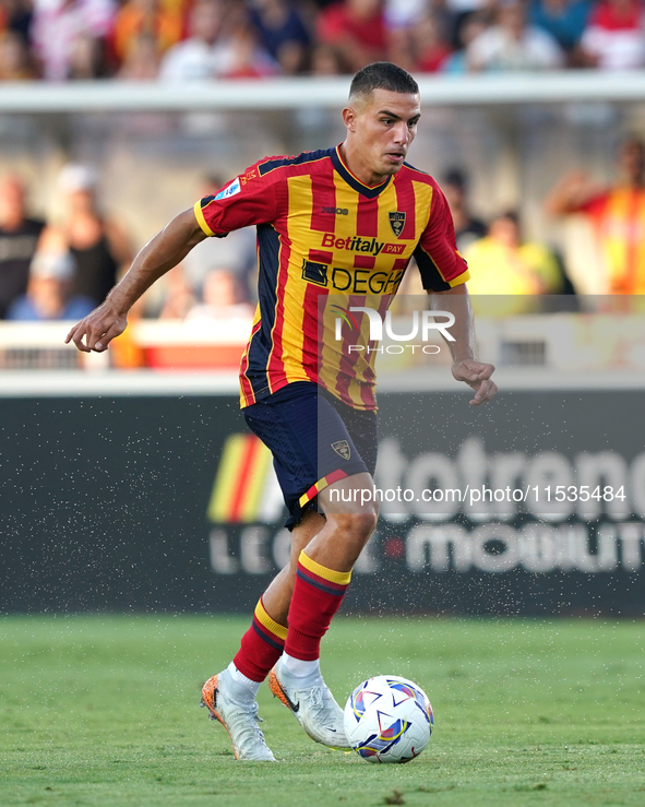 Nikola Krstovic of US Lecce is in action during the Serie A match between Lecce and Cagliari in Lecce, Italy, on August 31, 2024. 