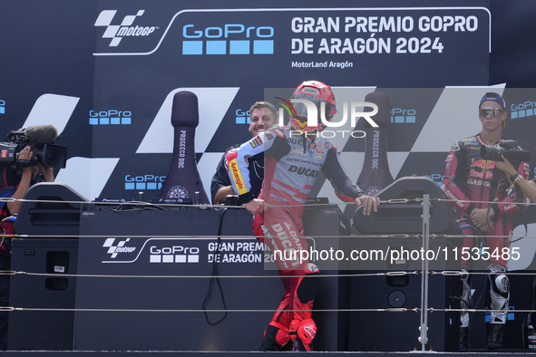 Marc Marquez (93) of Spain and Gresini Racing Moto GP Ducati celebrates victory after the race day of the Gran Premio GoPro de Aragon at Mot...