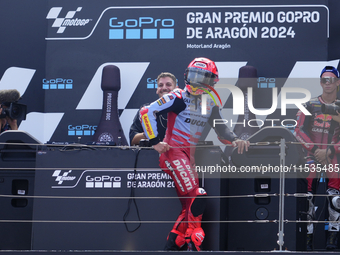 Marc Marquez (93) of Spain and Gresini Racing Moto GP Ducati celebrates victory after the race day of the Gran Premio GoPro de Aragon at Mot...