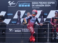 Marc Marquez (93) of Spain and Gresini Racing Moto GP Ducati celebrates victory after the race day of the Gran Premio GoPro de Aragon at Mot...