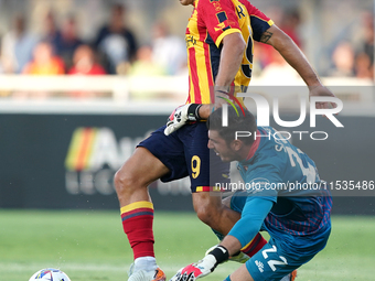 Nikola Krstovic of US Lecce is in action during the Serie A match between Lecce and Cagliari in Lecce, Italy, on August 31, 2024. (