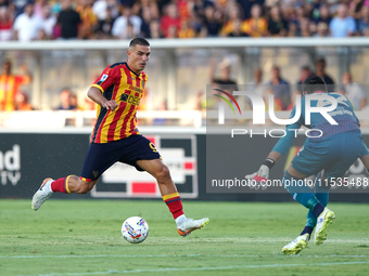 Nikola Krstovic of US Lecce is in action during the Serie A match between Lecce and Cagliari in Lecce, Italy, on August 31, 2024. (