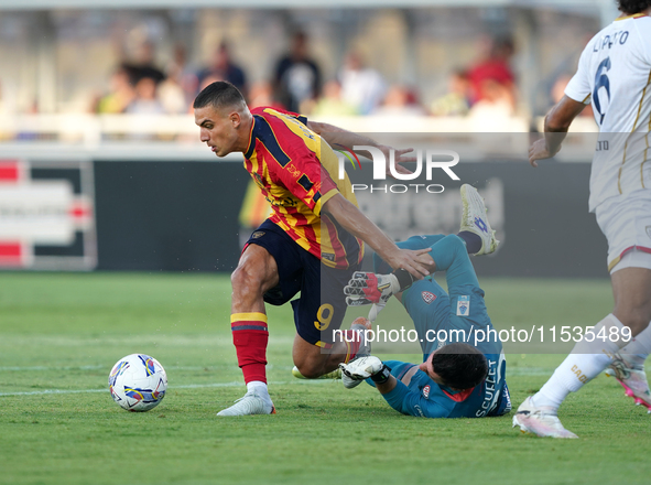 Nikola Krstovic of US Lecce is in action during the Serie A match between Lecce and Cagliari in Lecce, Italy, on August 31, 2024. 