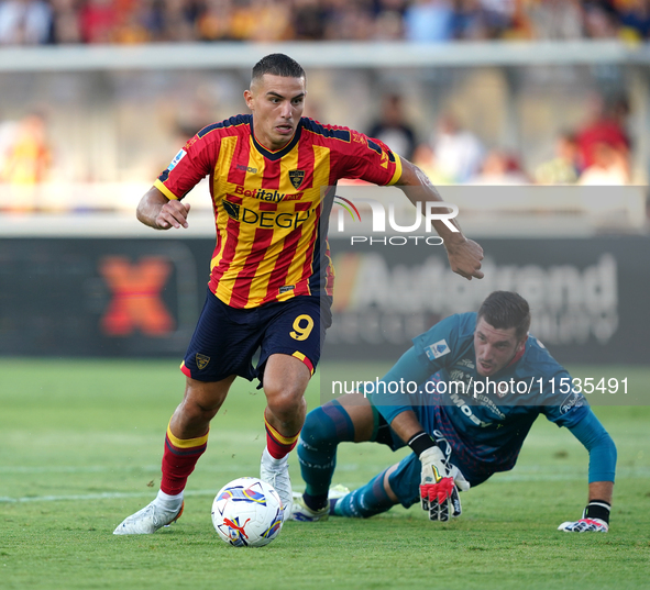 Nikola Krstovic of US Lecce is in action during the Serie A match between Lecce and Cagliari in Lecce, Italy, on August 31, 2024. 