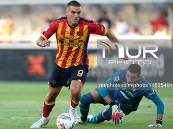 Nikola Krstovic of US Lecce is in action during the Serie A match between Lecce and Cagliari in Lecce, Italy, on August 31, 2024. (