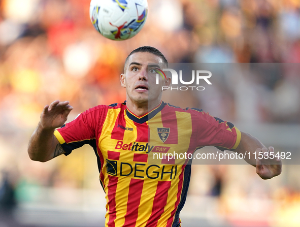 Nikola Krstovic of US Lecce is in action during the Serie A match between Lecce and Cagliari in Lecce, Italy, on August 31, 2024. 