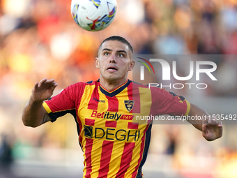 Nikola Krstovic of US Lecce is in action during the Serie A match between Lecce and Cagliari in Lecce, Italy, on August 31, 2024. (