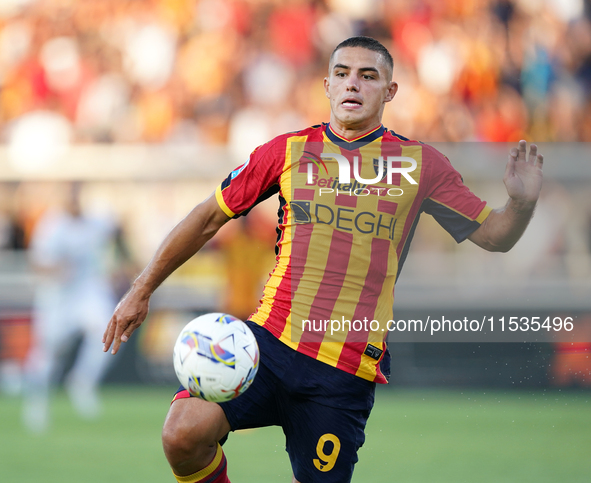 Nikola Krstovic of US Lecce is in action during the Serie A match between Lecce and Cagliari in Lecce, Italy, on August 31, 2024. 