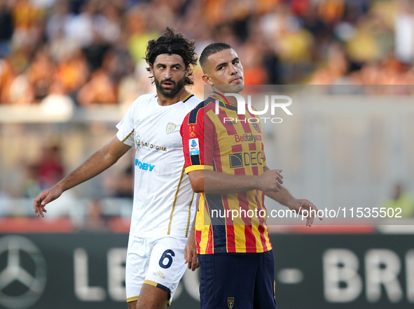 Nikola Krstovic of US Lecce is in action during the Serie A match between Lecce and Cagliari in Lecce, Italy, on August 31, 2024. 