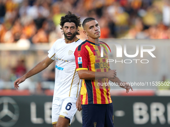 Nikola Krstovic of US Lecce is in action during the Serie A match between Lecce and Cagliari in Lecce, Italy, on August 31, 2024. (