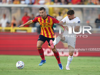 Ylber Ramadani of US Lecce is in action during the Serie A match between Lecce and Cagliari in Lecce, Italy, on August 31, 2024. (