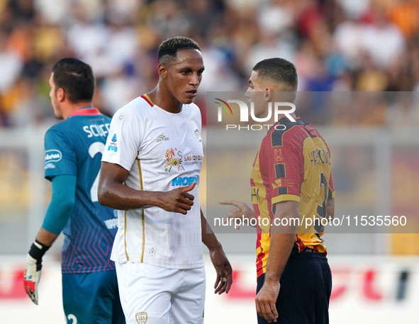 Nikola Krstovic of US Lecce is in action during the Serie A match between Lecce and Cagliari in Lecce, Italy, on August 31, 2024. 