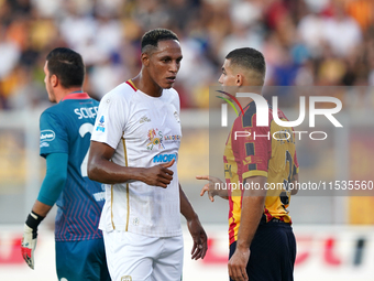 Nikola Krstovic of US Lecce is in action during the Serie A match between Lecce and Cagliari in Lecce, Italy, on August 31, 2024. (