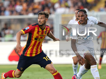 Remi Oudin of US Lecce is in action during the Serie A match between Lecce and Cagliari in Lecce, Italy, on August 31, 2024. (