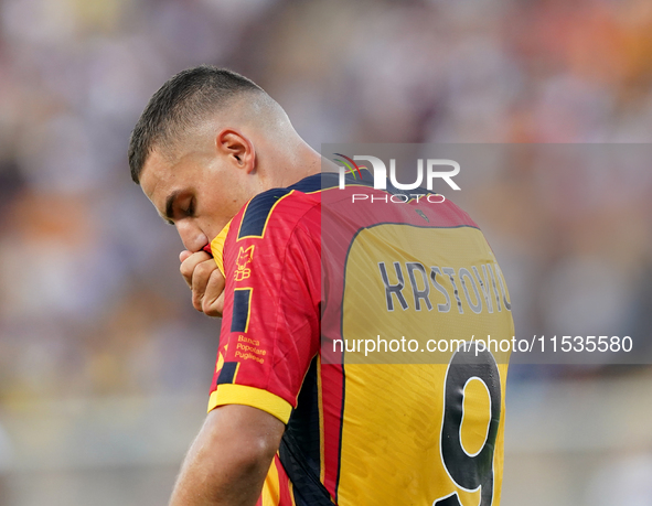 Nikola Krstovic of US Lecce is in action during the Serie A match between Lecce and Cagliari in Lecce, Italy, on August 31, 2024. 