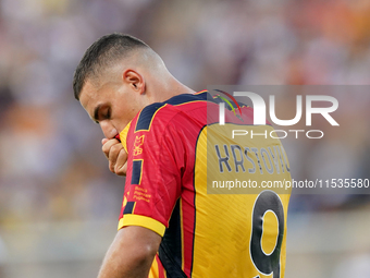 Nikola Krstovic of US Lecce is in action during the Serie A match between Lecce and Cagliari in Lecce, Italy, on August 31, 2024. (