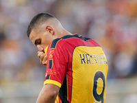 Nikola Krstovic of US Lecce is in action during the Serie A match between Lecce and Cagliari in Lecce, Italy, on August 31, 2024. (