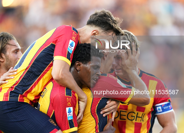 Players of Us Lecce celebrate their win during the Serie A match between Lecce and Cagliari in Lecce, Italy, on August 31, 2024. 