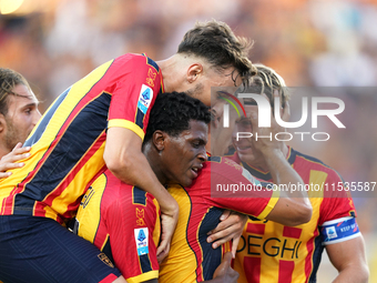 Players of Us Lecce celebrate their win during the Serie A match between Lecce and Cagliari in Lecce, Italy, on August 31, 2024. (