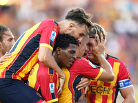 Players of Us Lecce celebrate their win during the Serie A match between Lecce and Cagliari in Lecce, Italy, on August 31, 2024. (