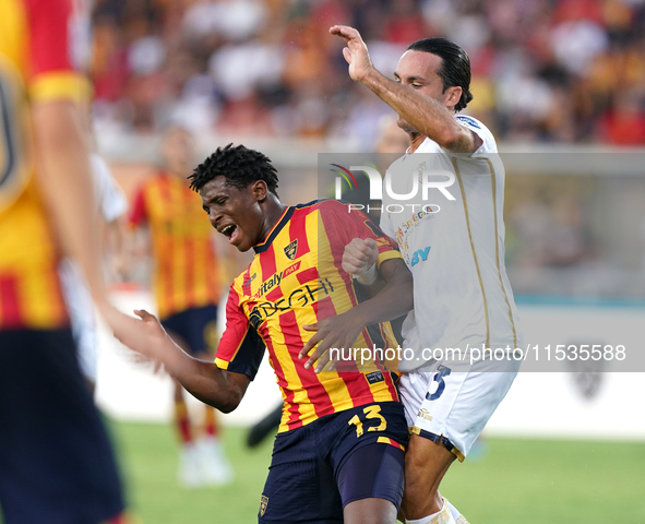 Patrick Dorgu of US Lecce is in action during the Serie A match between Lecce and Cagliari in Lecce, Italy, on August 31, 2024. 