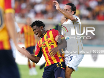 Patrick Dorgu of US Lecce is in action during the Serie A match between Lecce and Cagliari in Lecce, Italy, on August 31, 2024. (