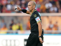 Referee Michael Fabbri officiates the Serie A match between Lecce and Cagliari in Lecce, Italy, on August 31, 2024. (