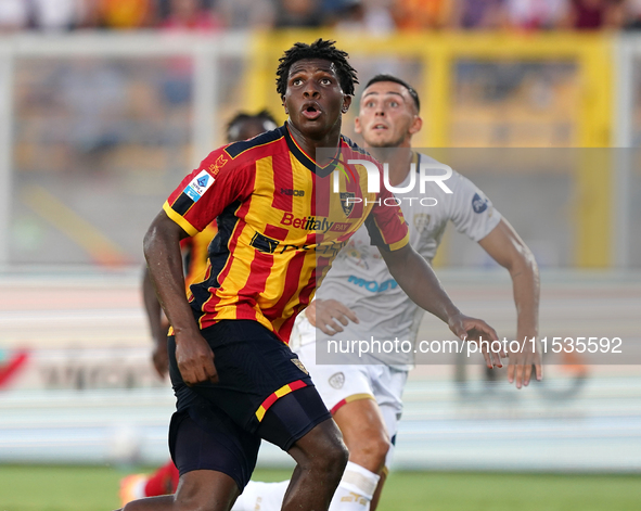 Patrick Dorgu of US Lecce is in action during the Serie A match between Lecce and Cagliari in Lecce, Italy, on August 31, 2024. 