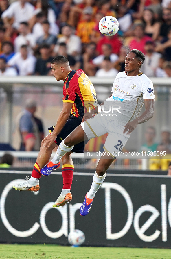 Nikola Krstovic of US Lecce is in action during the Serie A match between Lecce and Cagliari in Lecce, Italy, on August 31, 2024. 