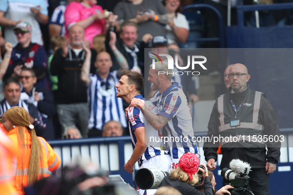 Jayson Molumby of West Bromwich celebrates after scoring his team's first goal during the Sky Bet Championship match between West Bromwich A...