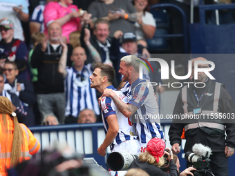 Jayson Molumby of West Bromwich celebrates after scoring his team's first goal during the Sky Bet Championship match between West Bromwich A...