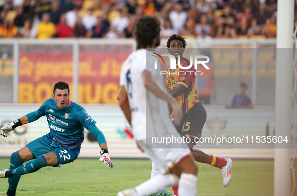 Patrick Dorgu of US Lecce is in action during the Serie A match between Lecce and Cagliari in Lecce, Italy, on August 31, 2024. 