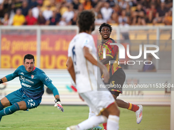 Patrick Dorgu of US Lecce is in action during the Serie A match between Lecce and Cagliari in Lecce, Italy, on August 31, 2024. (