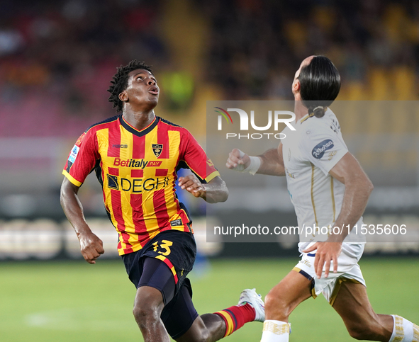 Patrick Dorgu of US Lecce is in action during the Serie A match between Lecce and Cagliari in Lecce, Italy, on August 31, 2024. 