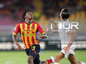 Patrick Dorgu of US Lecce is in action during the Serie A match between Lecce and Cagliari in Lecce, Italy, on August 31, 2024. (