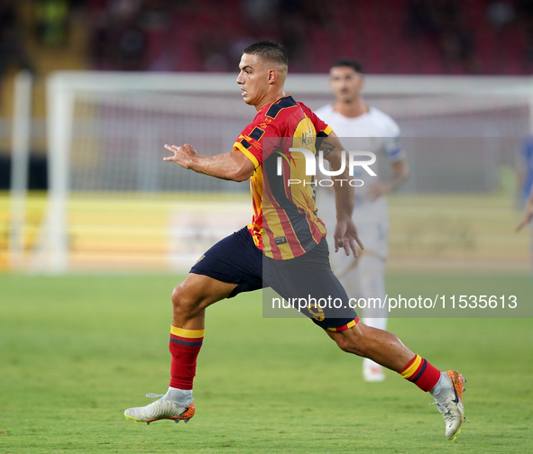 Nikola Krstovic of US Lecce is in action during the Serie A match between Lecce and Cagliari in Lecce, Italy, on August 31, 2024. 