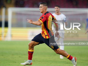 Nikola Krstovic of US Lecce is in action during the Serie A match between Lecce and Cagliari in Lecce, Italy, on August 31, 2024. (