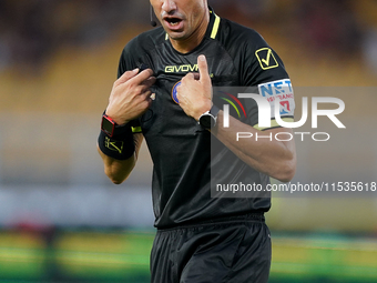 Referee Michael Fabbri officiates the Serie A match between Lecce and Cagliari in Lecce, Italy, on August 31, 2024. (